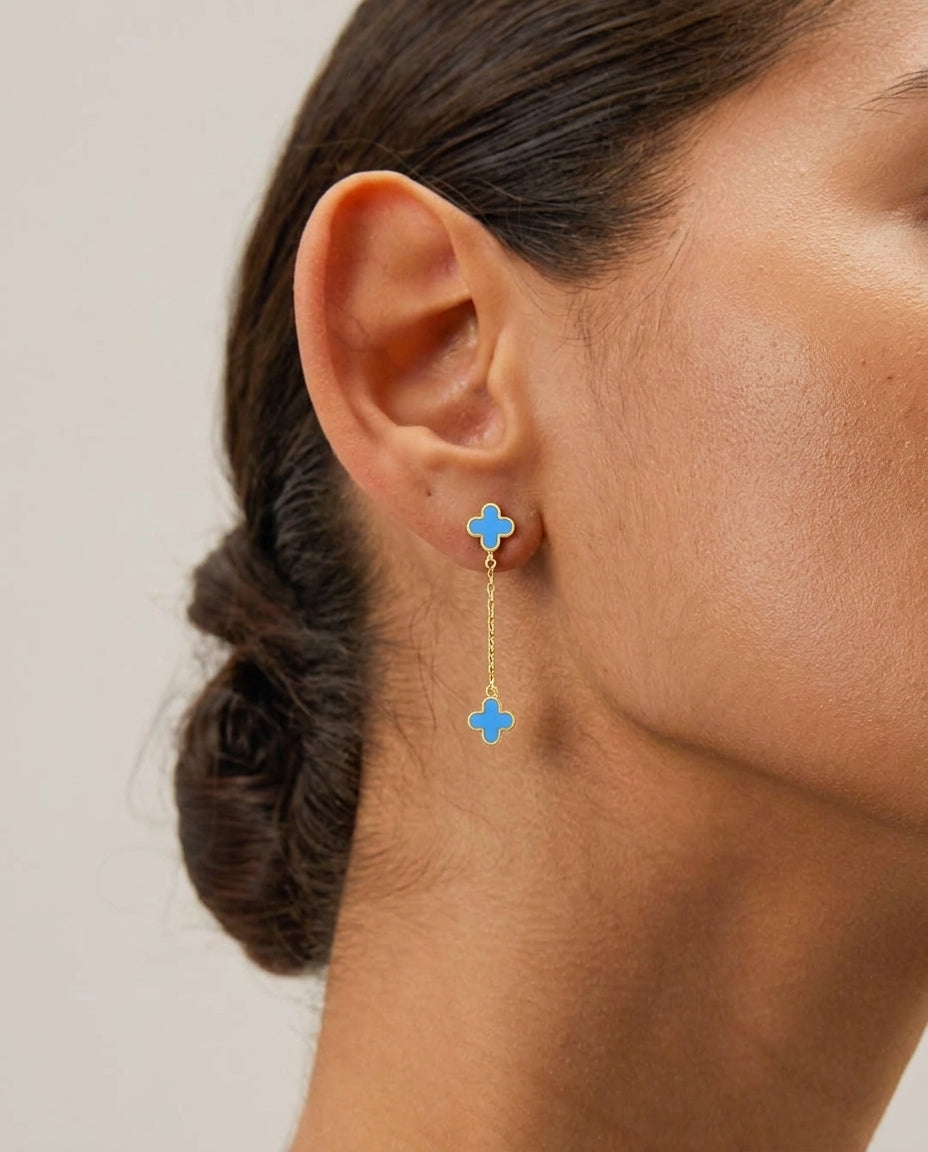 Blue Clover Gold Dangle Earrings - Enamel Drop Studs