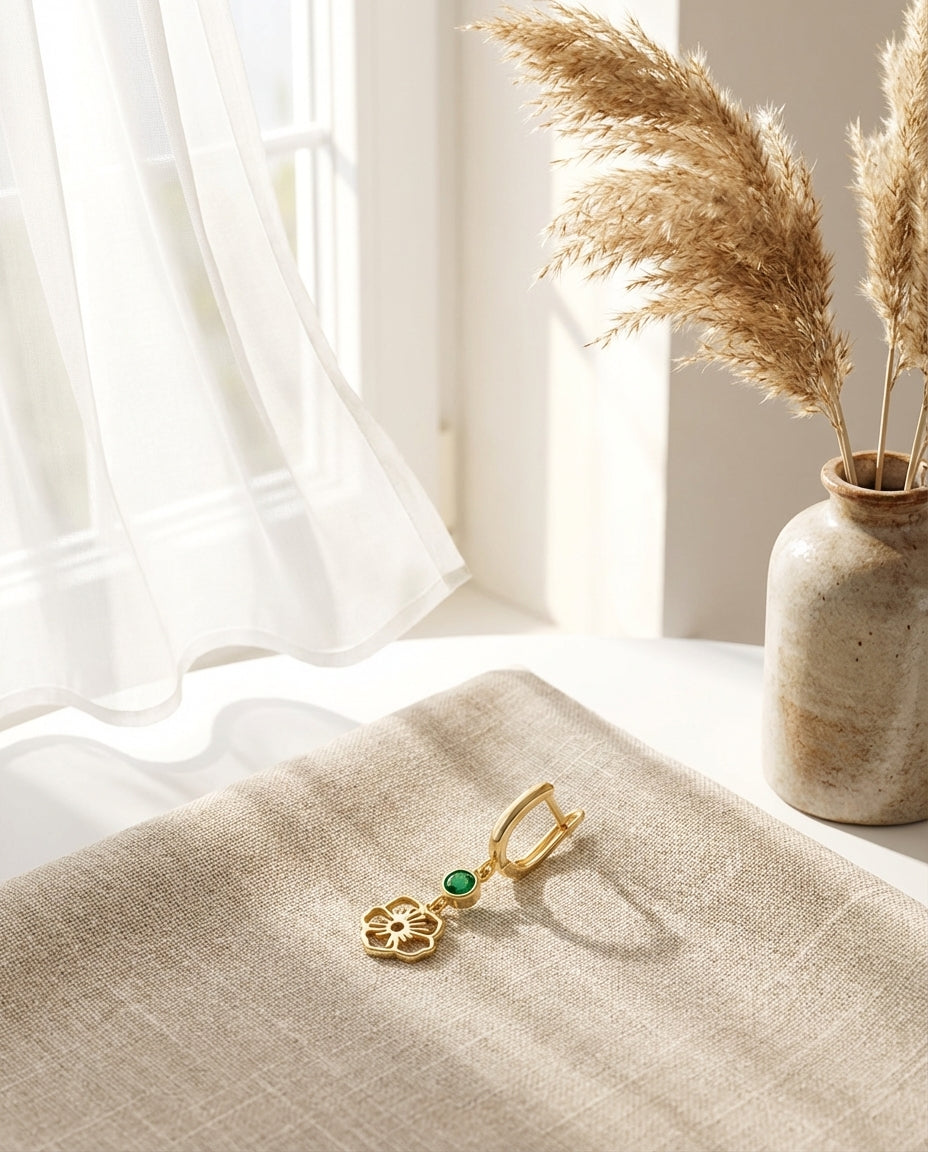 Gold Flower Dangle Hoop Earrings with Emerald Green Stone
