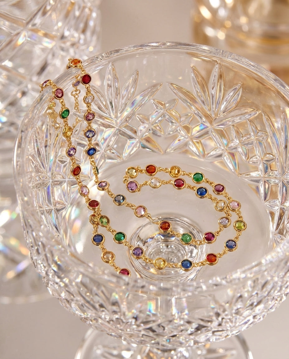 Vivid Rainbow Gemstone Gold Station Necklace
