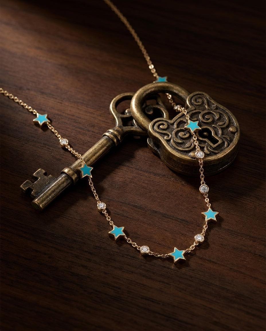 Celestial Turquoise Star & Mosanite Gold Necklace