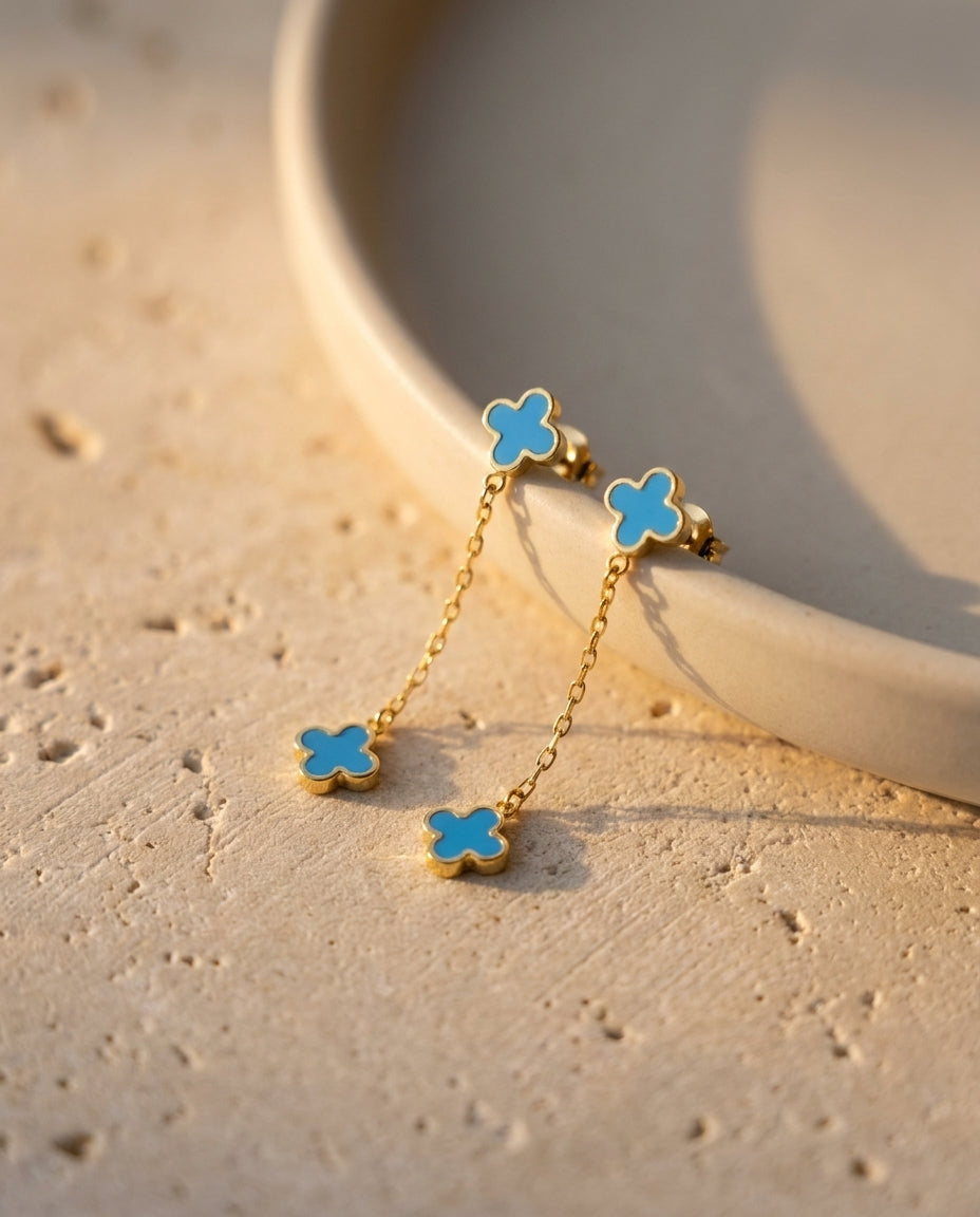 Blue Clover Gold Dangle Earrings - Enamel Drop Studs