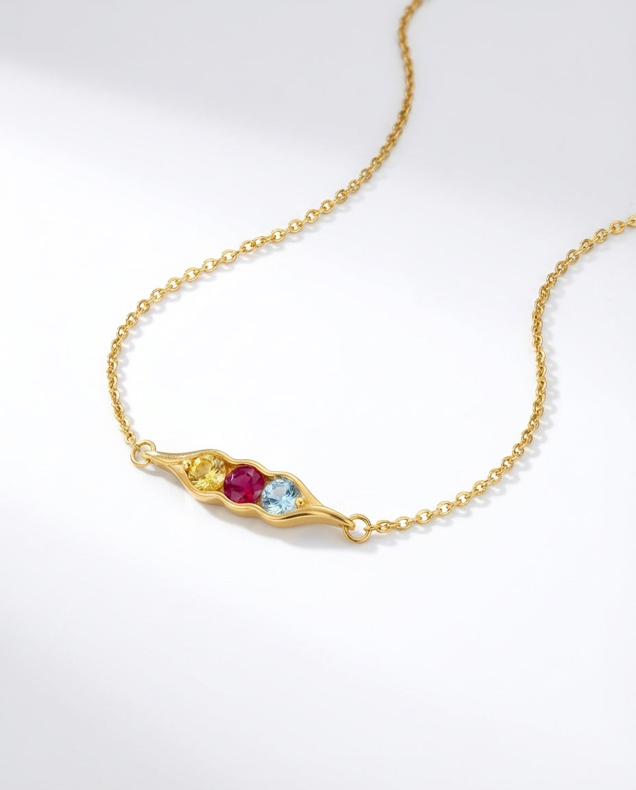 Personalized Gold Pea Pod Necklace with Birthstones