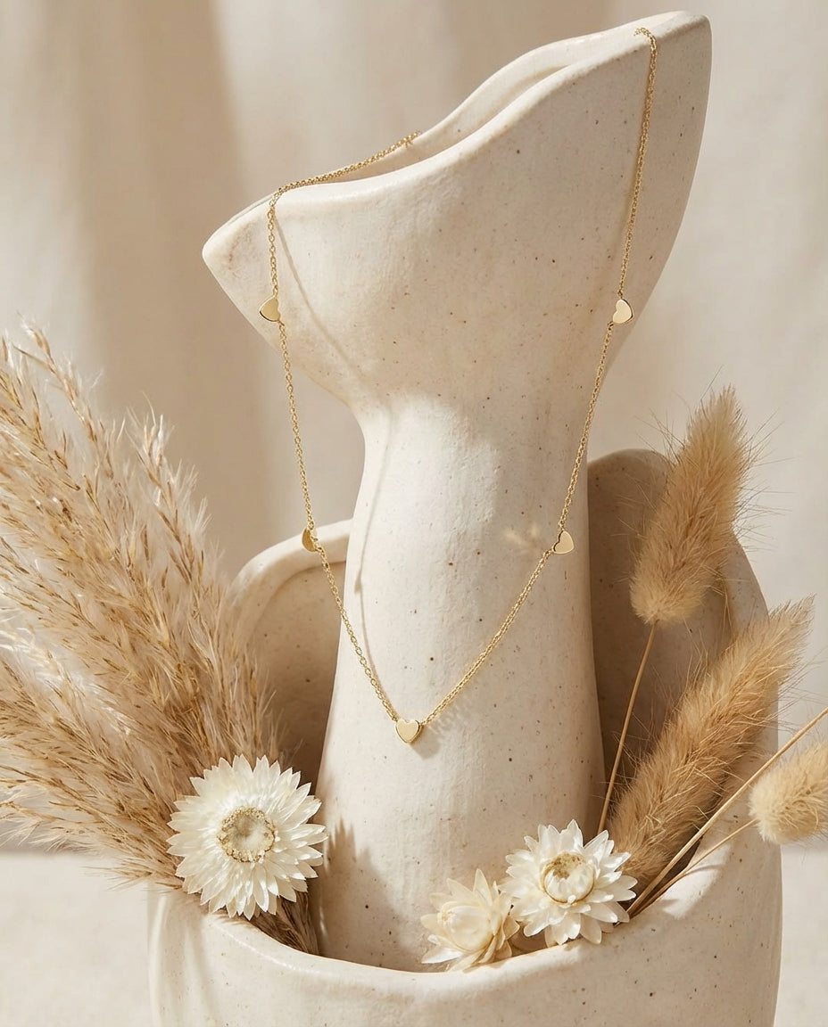 Dainty Gold Heart Station Necklace | Minimalist Charm Jewelry