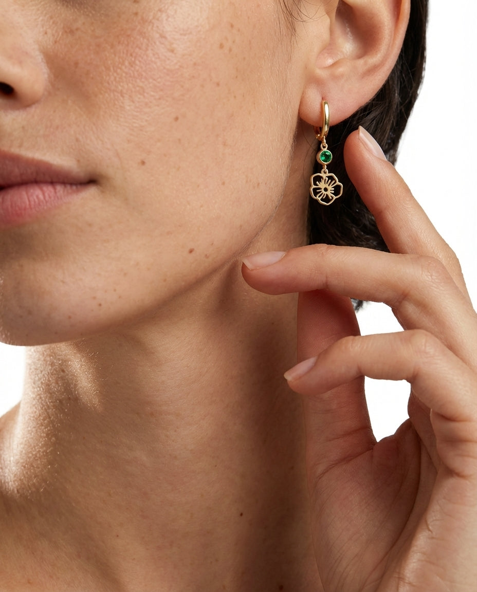 Gold Flower Dangle Hoop Earrings with Emerald Green Stone