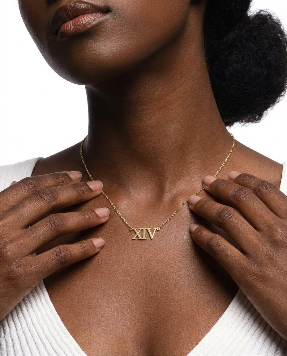 Gold Roman Numeral XIV Necklace | Dainty Number Pendant