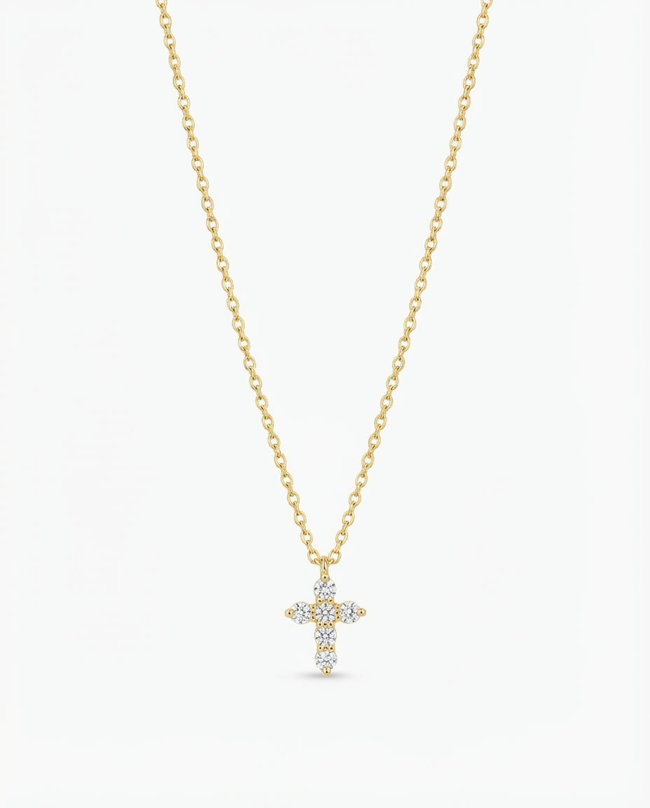 Dainty Gold Cross Necklace with Sparkling CZ Stones