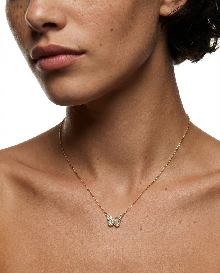 Dainty Gold Butterfly Necklace with Pave Diamonds