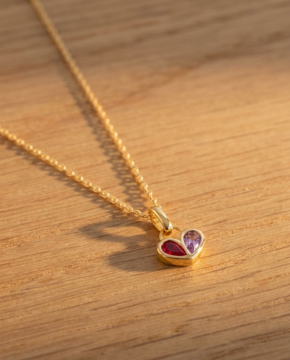 Duo Heart Gemstone Necklace in Gold - Birthstone Necklace