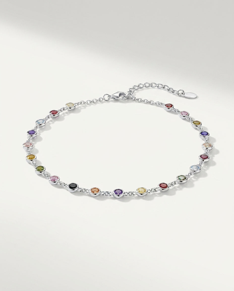 Rainbow Gemstone Bezel Chain Ankle Bracelet in Gold