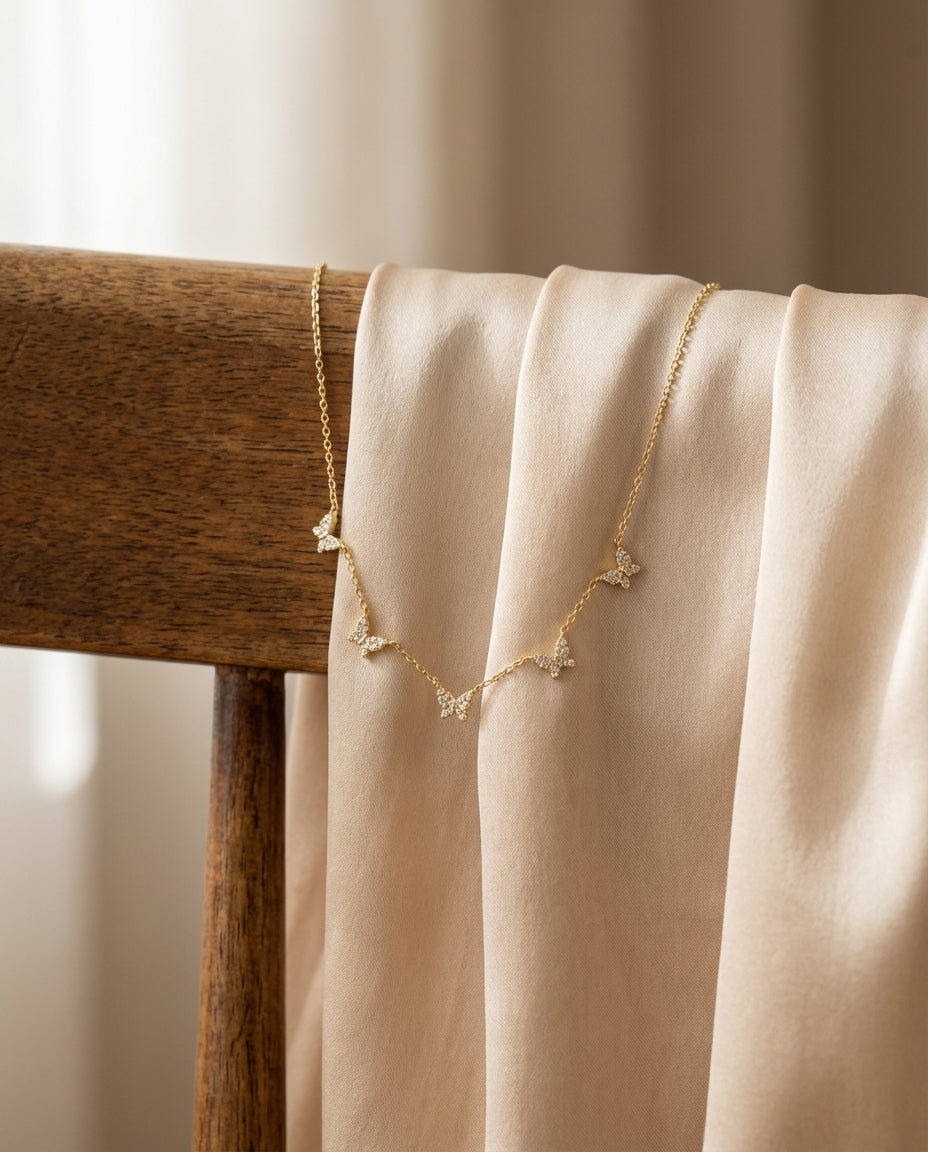 Dainty Pavé Diamond Butterfly Station Necklace in Gold