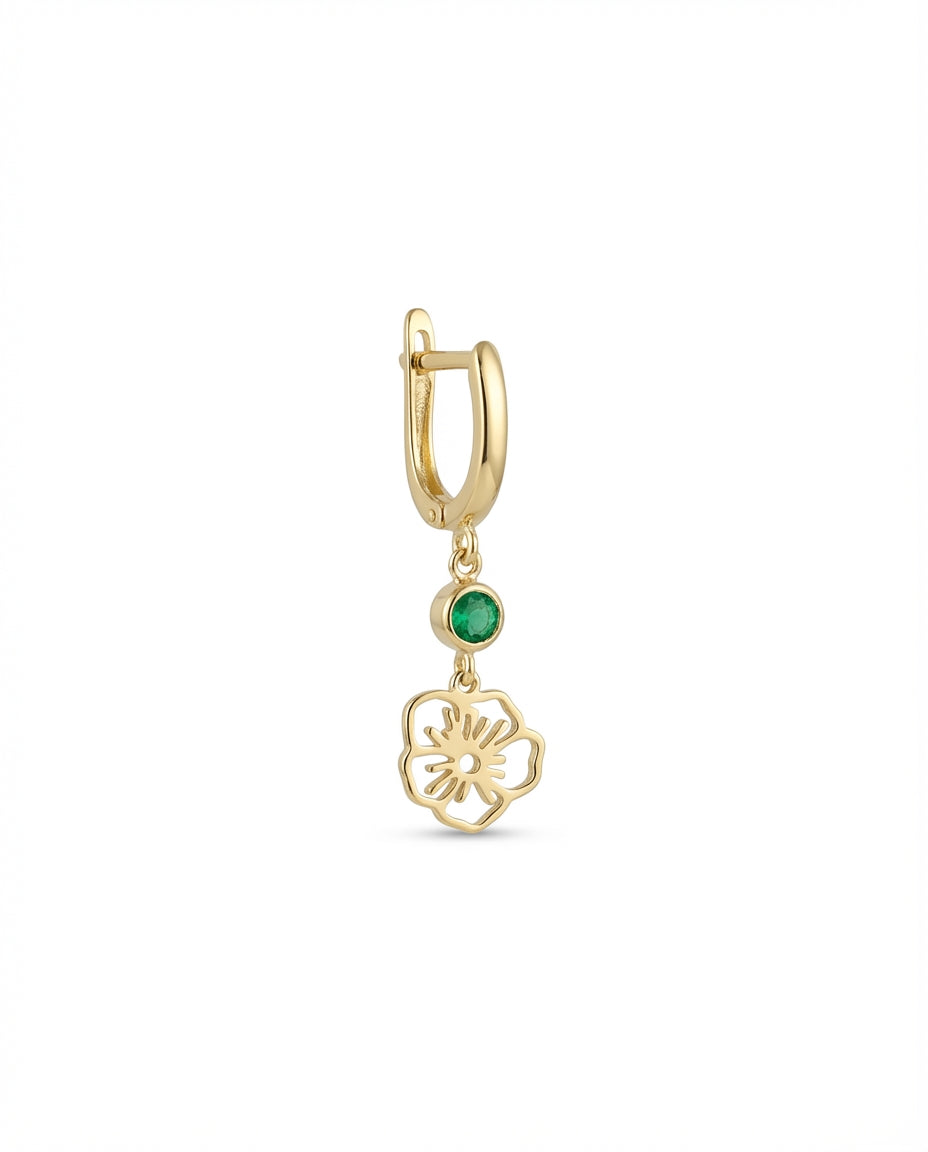 Gold Flower Dangle Hoop Earrings with Emerald Green Stone