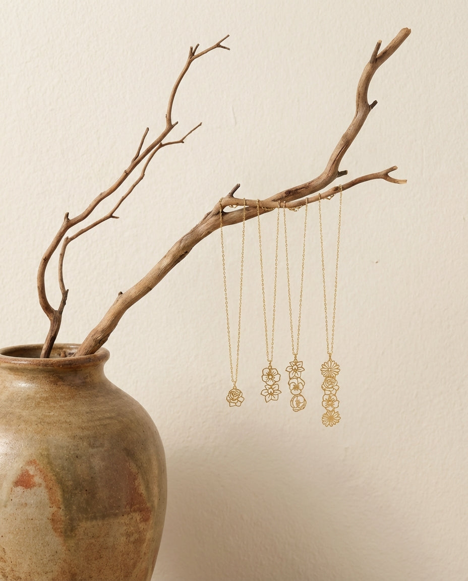 Vertical Gold Birth Flower Necklace | Personalized Floral Charm