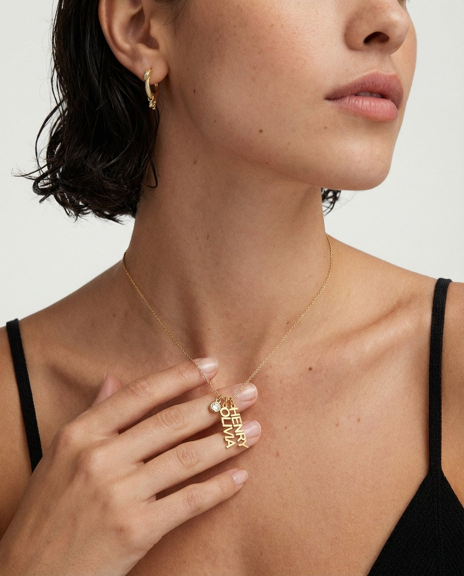 Personalized Vertical Name Necklace with Birthstone in Gold