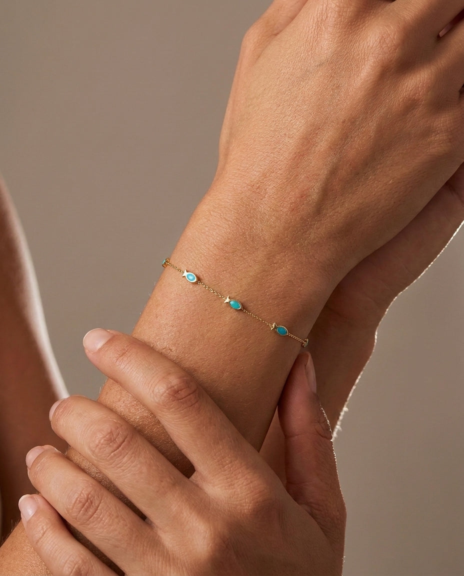 Dainty Gold Bracelet with Turquoise Fish Charms