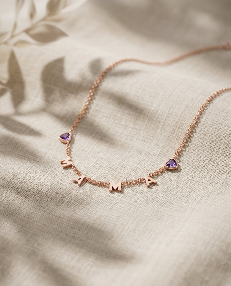 Rose Gold MAMA Necklace with Custom Heart Birthstones