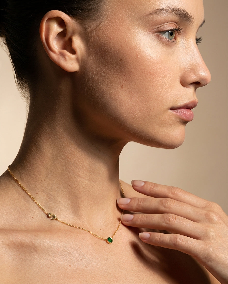 Personalized Initial & Birthstone Gold Necklace