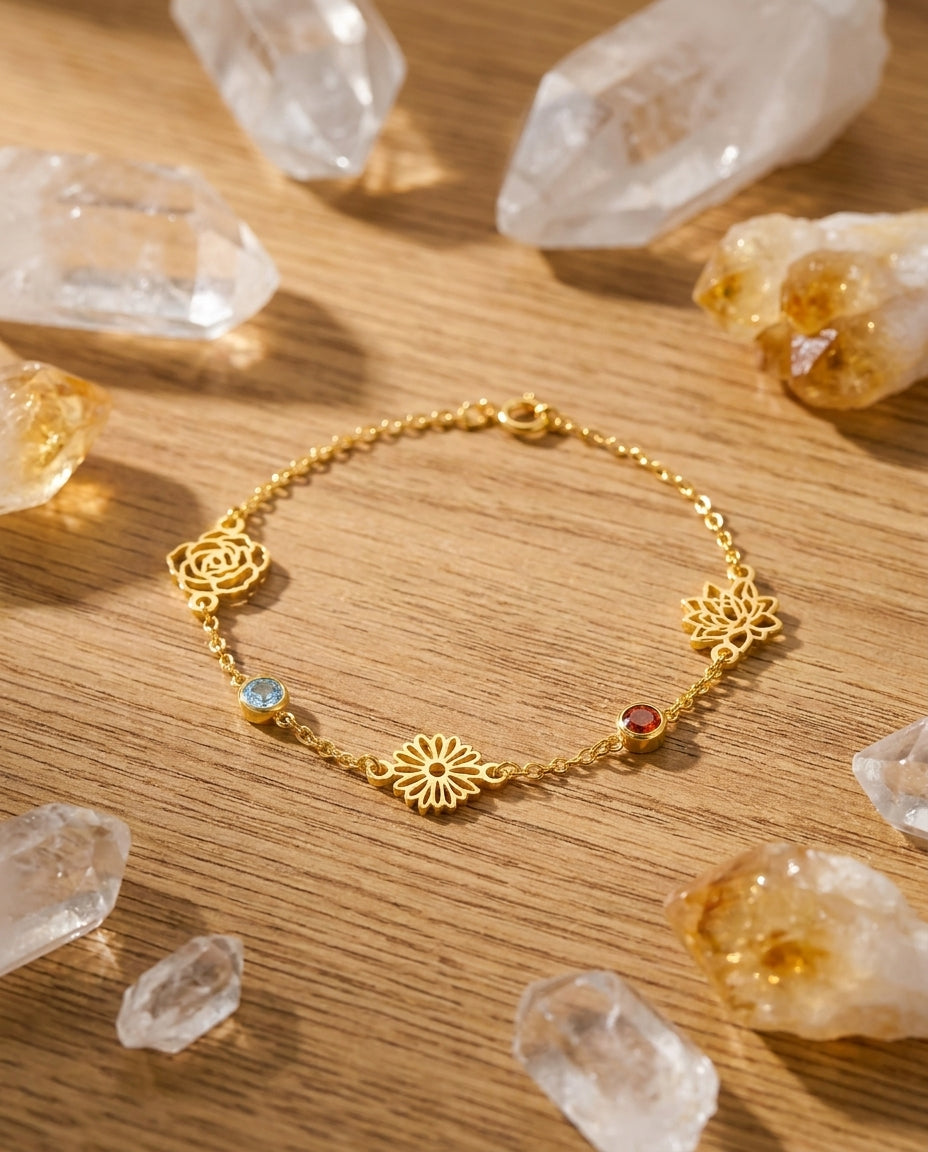 Dainty Gold Flower Charm Bracelet with Gemstones