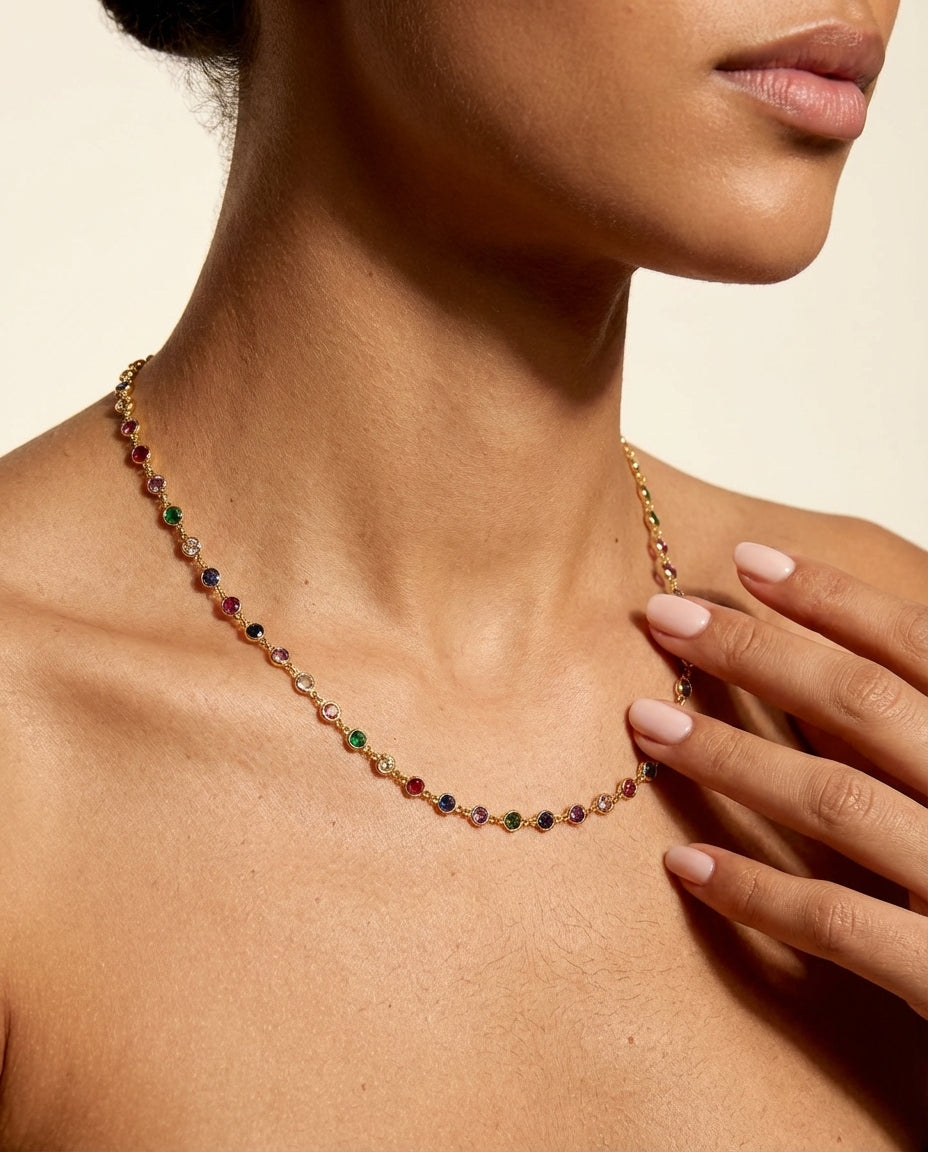 Vivid Rainbow Gemstone Gold Station Necklace
