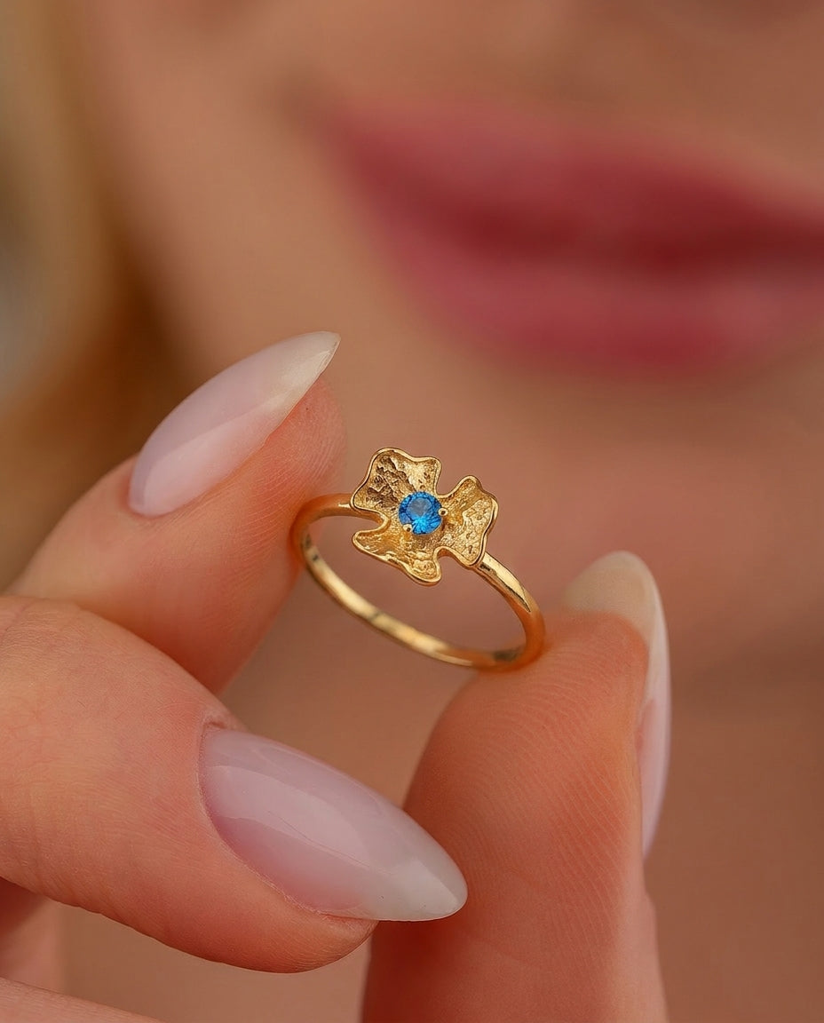 Artisan Gold Pansy Ring with Birthstone Ring