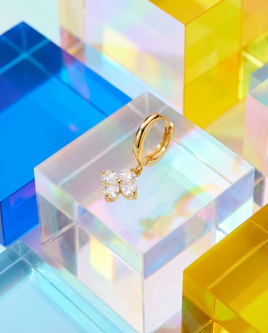 Crystal Clover Charm Gold Huggie Hoop Earring