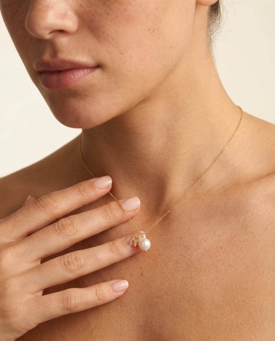 Gold Initial Pearl Necklace - Personalized Letter Charm Jewelry