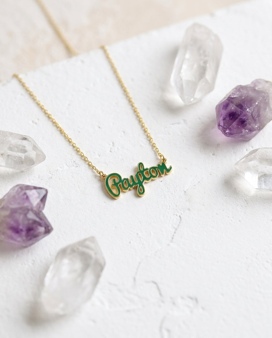 Custom Enamel Name Necklace - Personalized Gold Cursive Jewelry