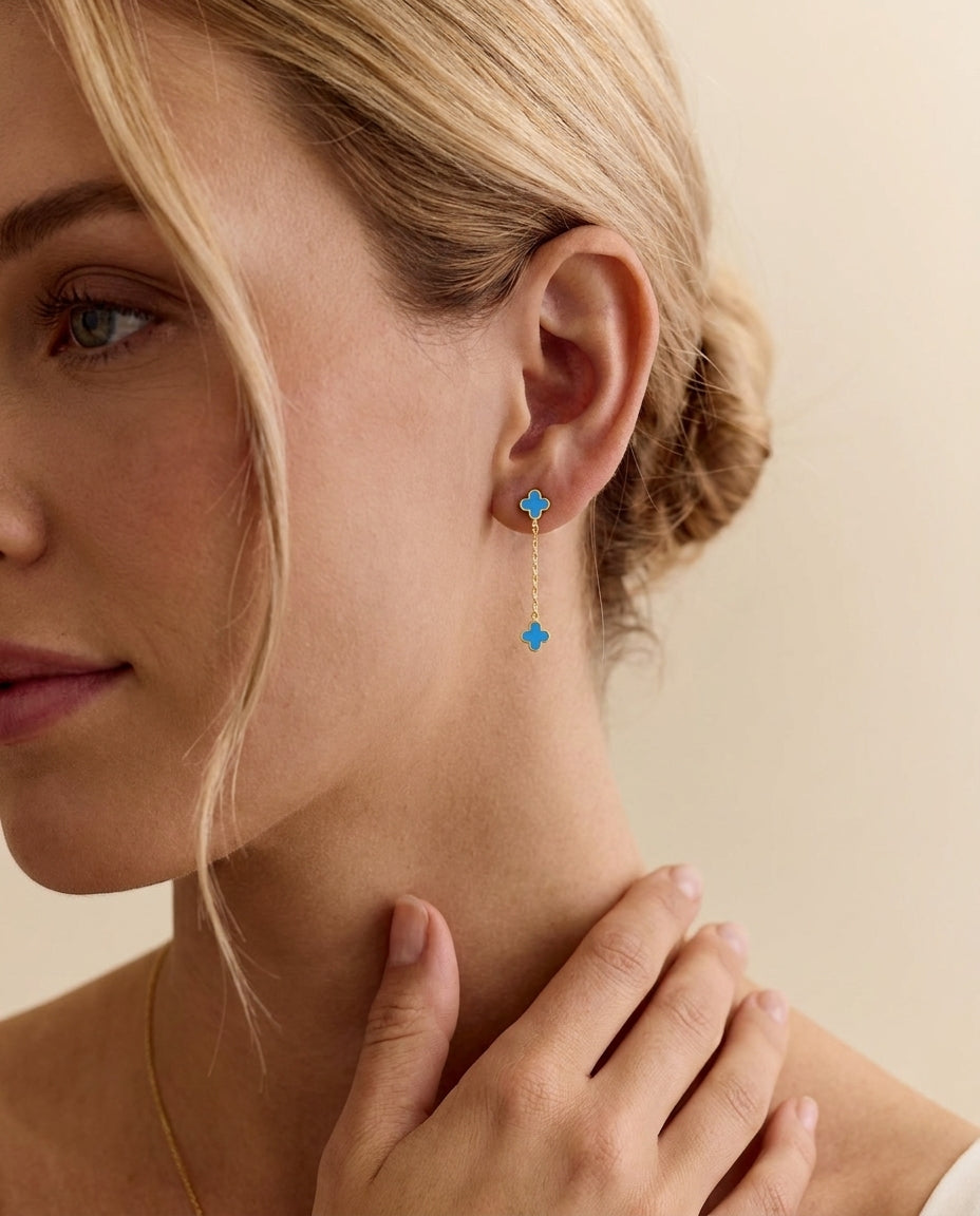Blue Clover Gold Dangle Earrings - Enamel Drop Studs