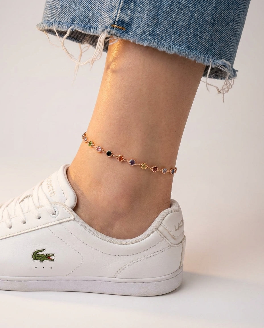 Rainbow Gemstone Bezel Chain Ankle Bracelet in Gold