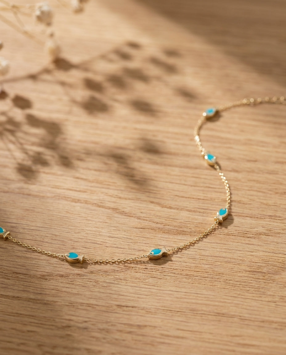 Dainty Gold Bracelet with Turquoise Fish Charms