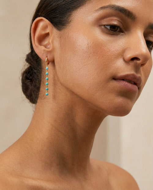 Elegant Turquoise Chain Drop Gold Hoop Earrings