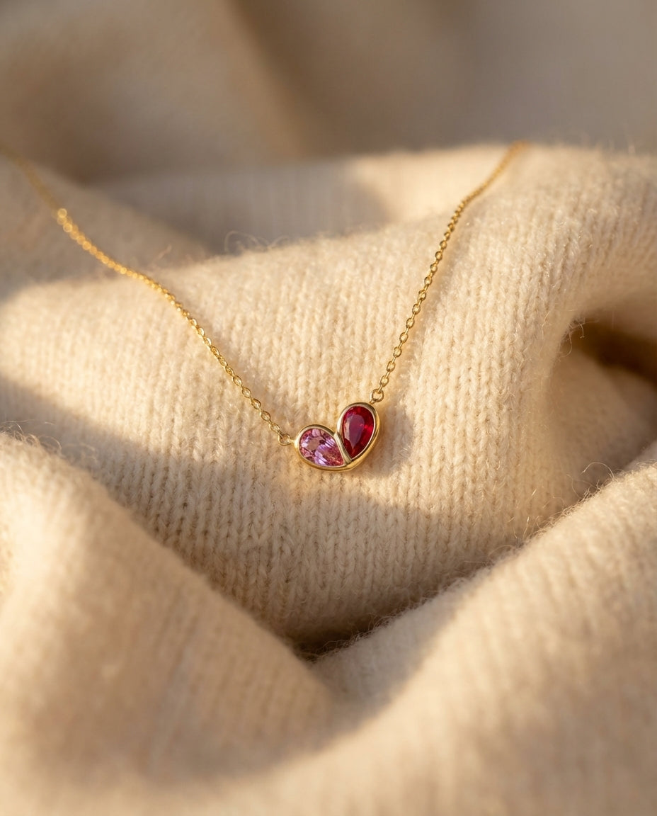 Gold Toi et Moi Heart Birthstone Necklace
