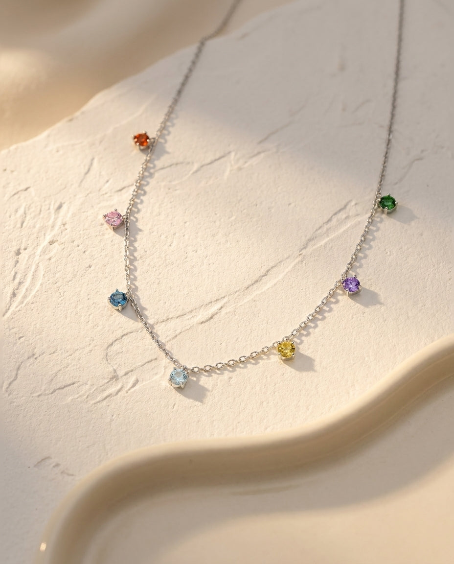Dainty Rainbow Gemstone Station Necklace in Sterling Silver