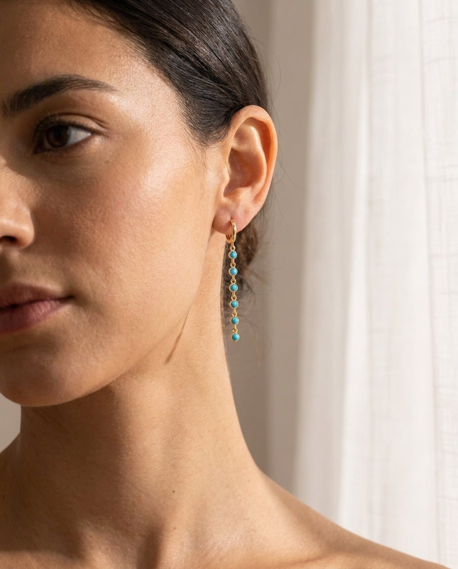 Elegant Turquoise Chain Drop Gold Hoop Earrings