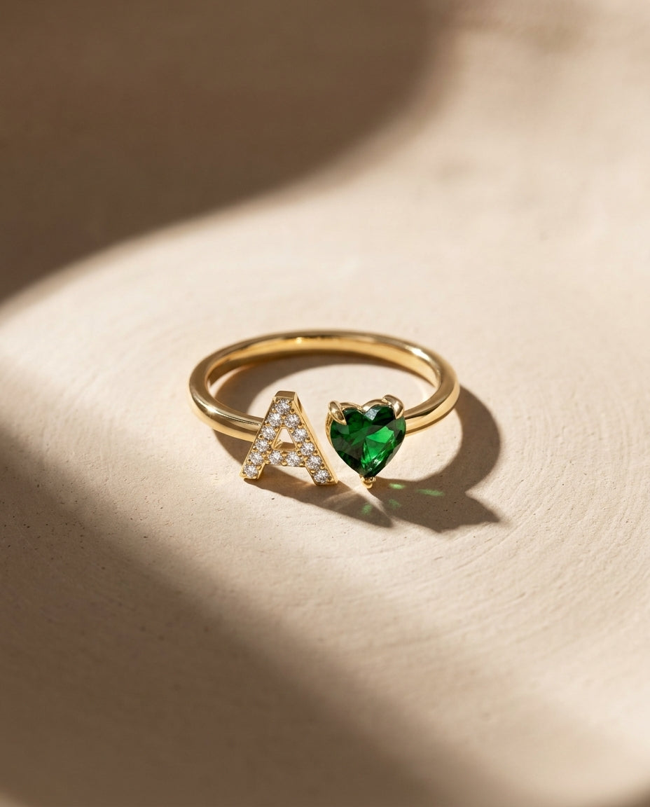 Personalized Gold Initial Ring with Heart Birthstone