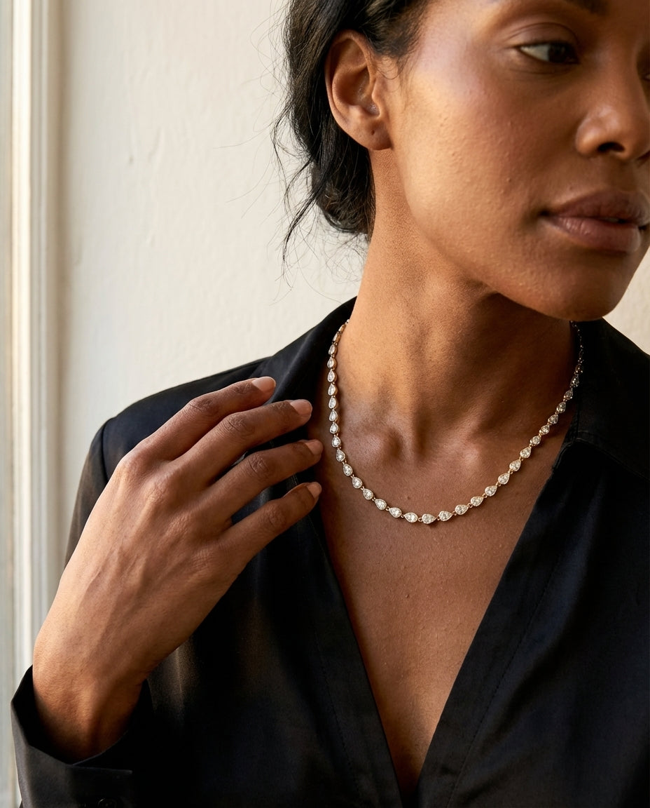 Exquisite Pear Cut Diamond Tennis Necklace in Gold