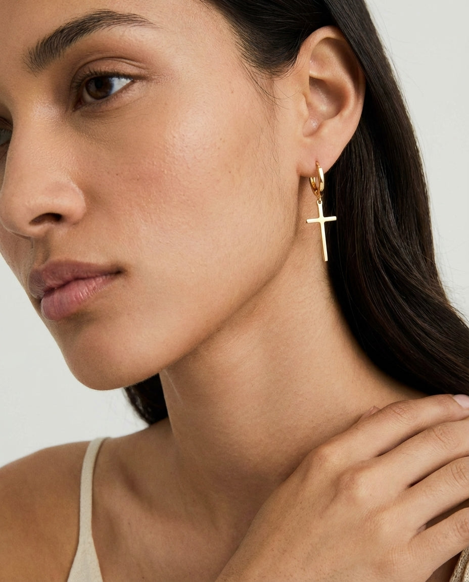 Gold Cross Dangle Hoop Earrings | Minimalist Faith Jewelry