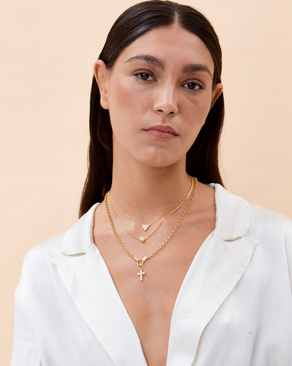 Elegant Cross Pendant & Geometric Charm Layered Necklace Set - 18k Gold Vermeil