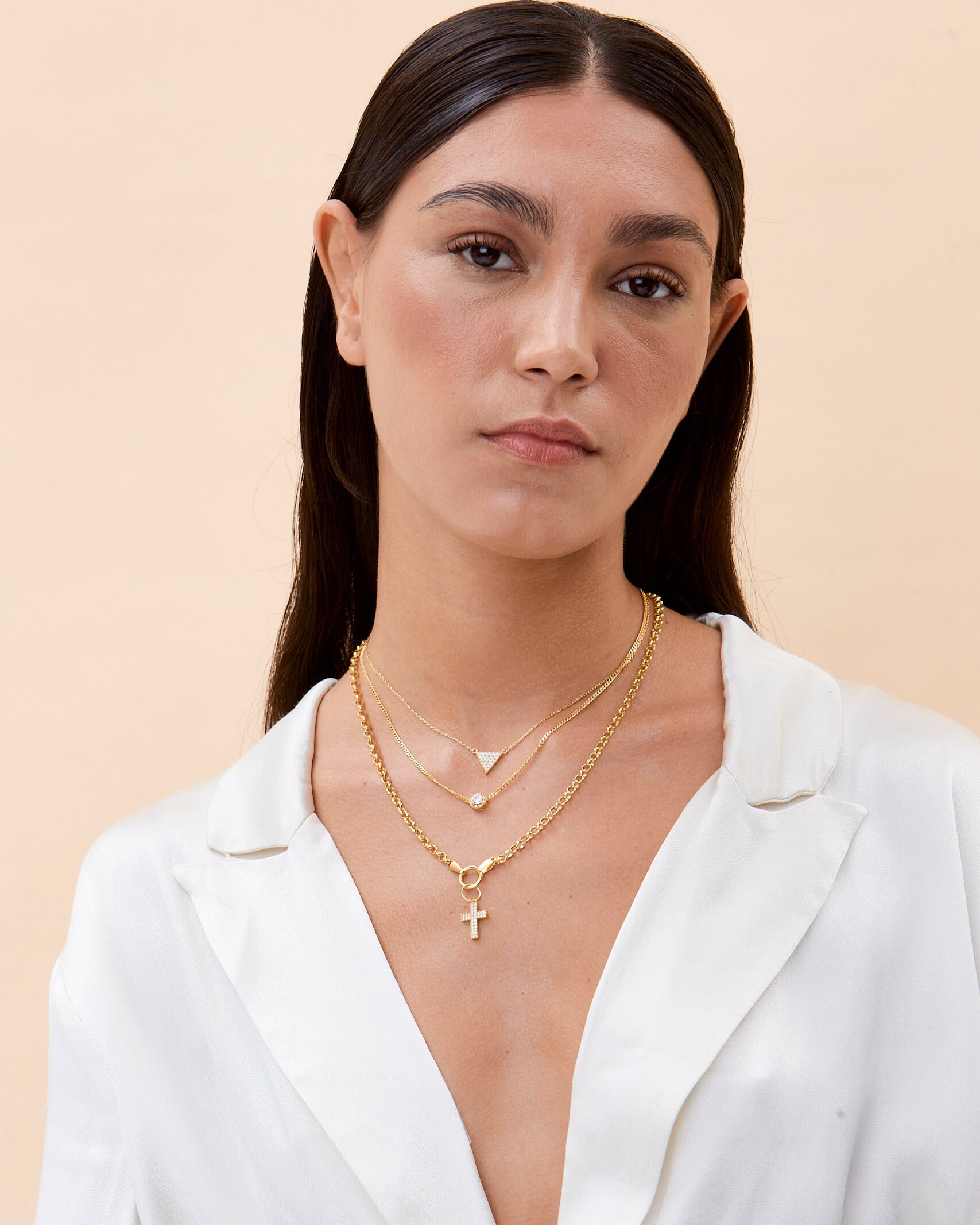 Elegant Cross Pendant & Geometric Charm Layered Necklace Set - 18k Gold Vermeil