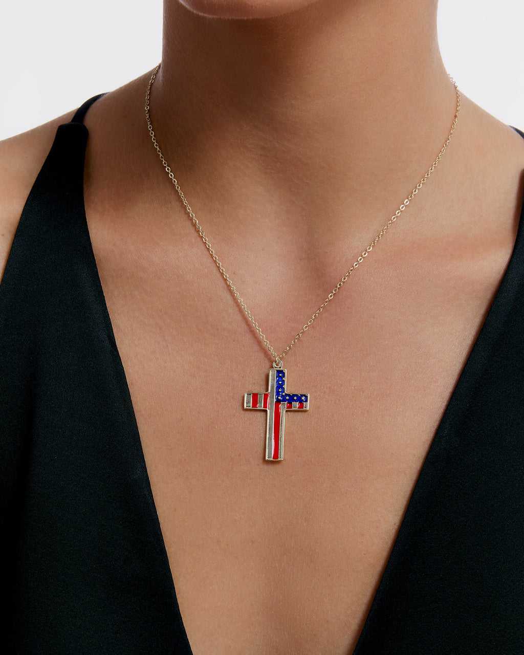 American Flag Cross Necklace - 925k Sterling Silver