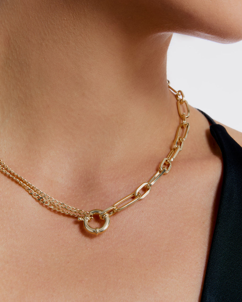 Modern Dual Chain Paperclip Necklace with Bold Ring Clasp
