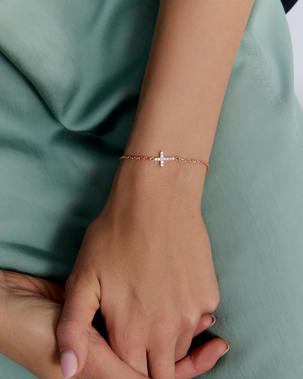 Dainty Gemstone Cross Bracelet - 18k Rose Gold Vermeil
