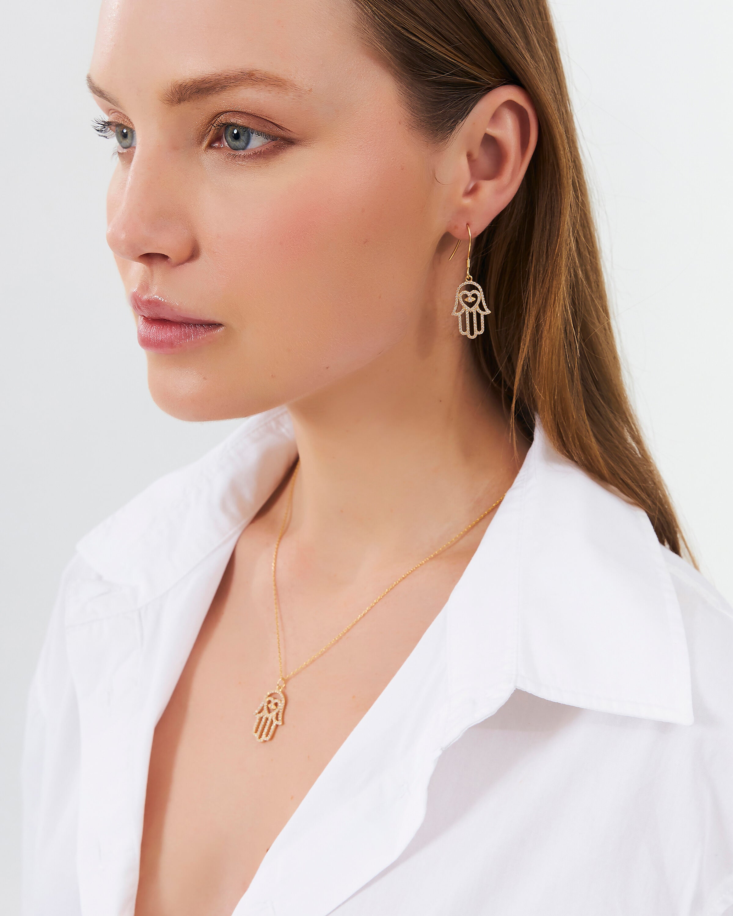 CZ Hamsa Hand Earrings, Dangle Jewelry - Gold Vermeil