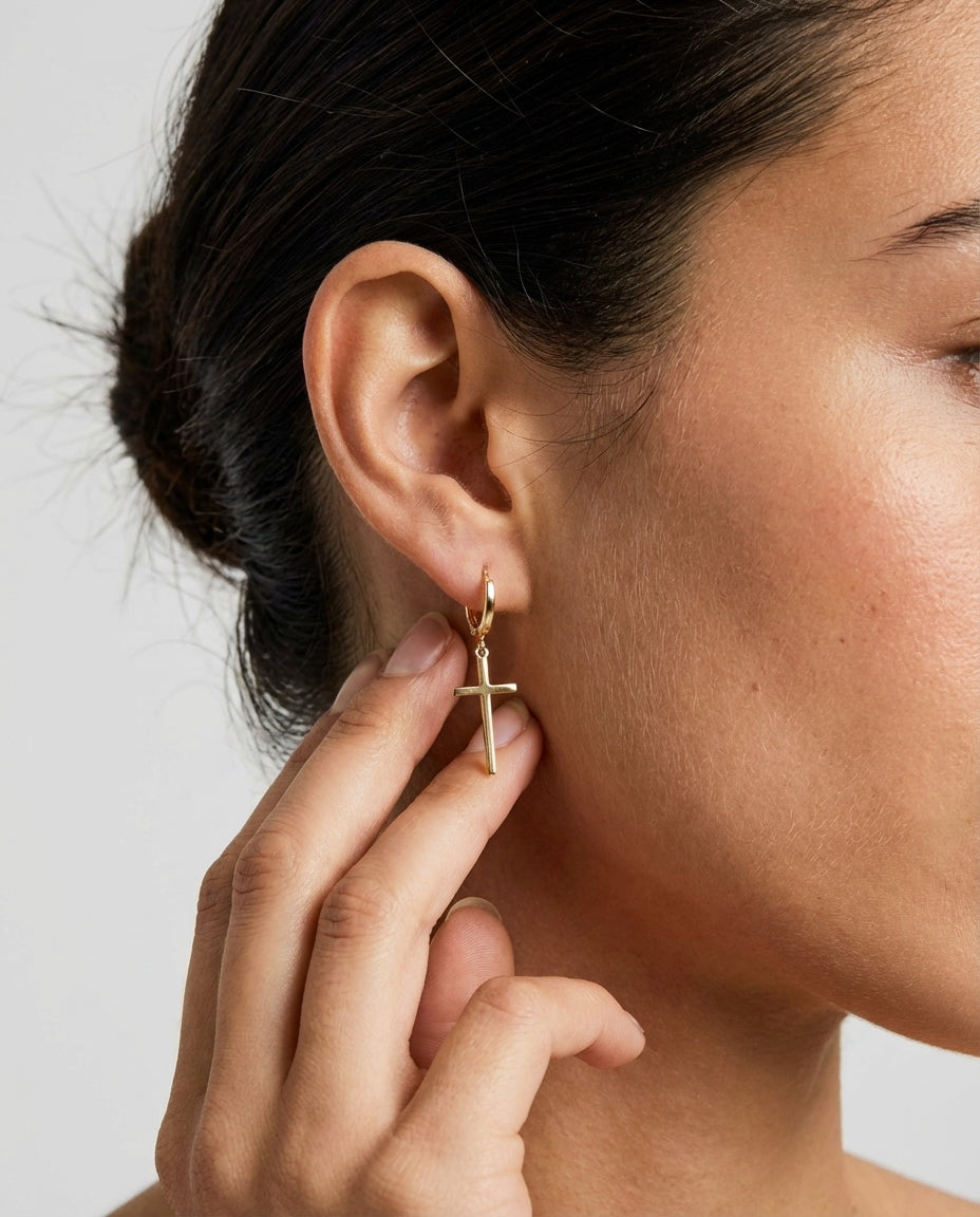 Gold Cross Dangle Hoop Earrings | Minimalist Faith Jewelry