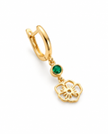 Gold Flower Dangle Hoop Earrings with Emerald Green Stone