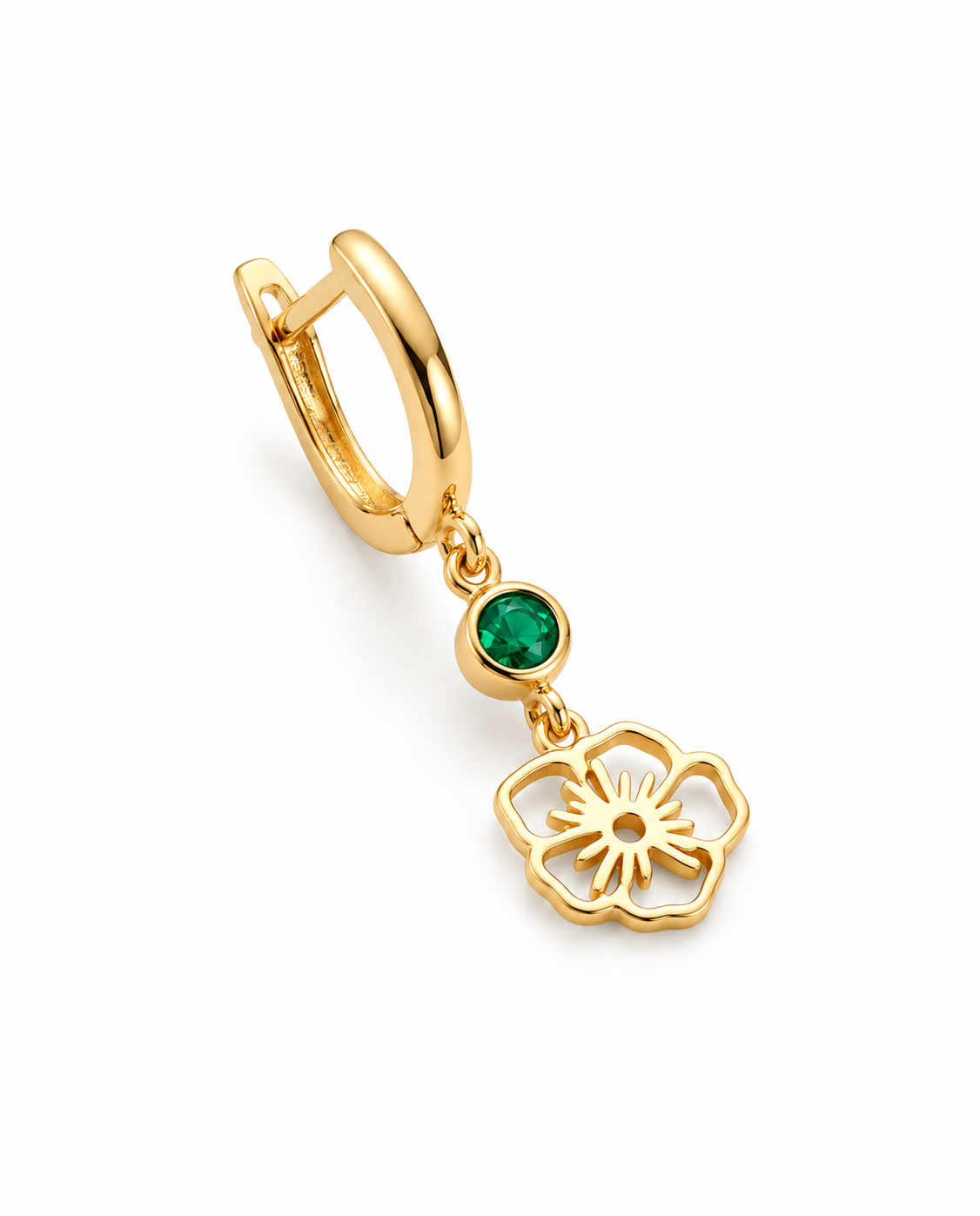 Gold Flower Dangle Hoop Earrings with Emerald Green Stone
