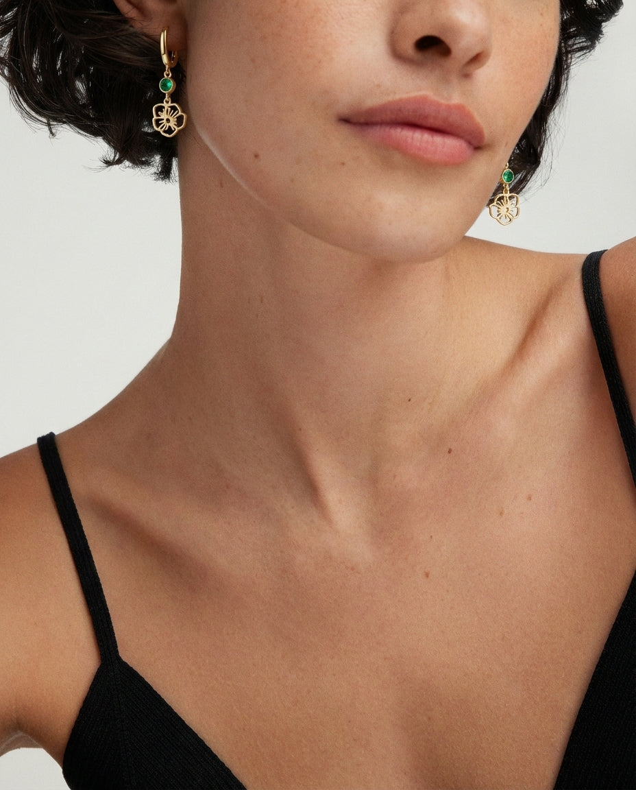 Gold Flower Dangle Hoop Earrings with Emerald Green Stone
