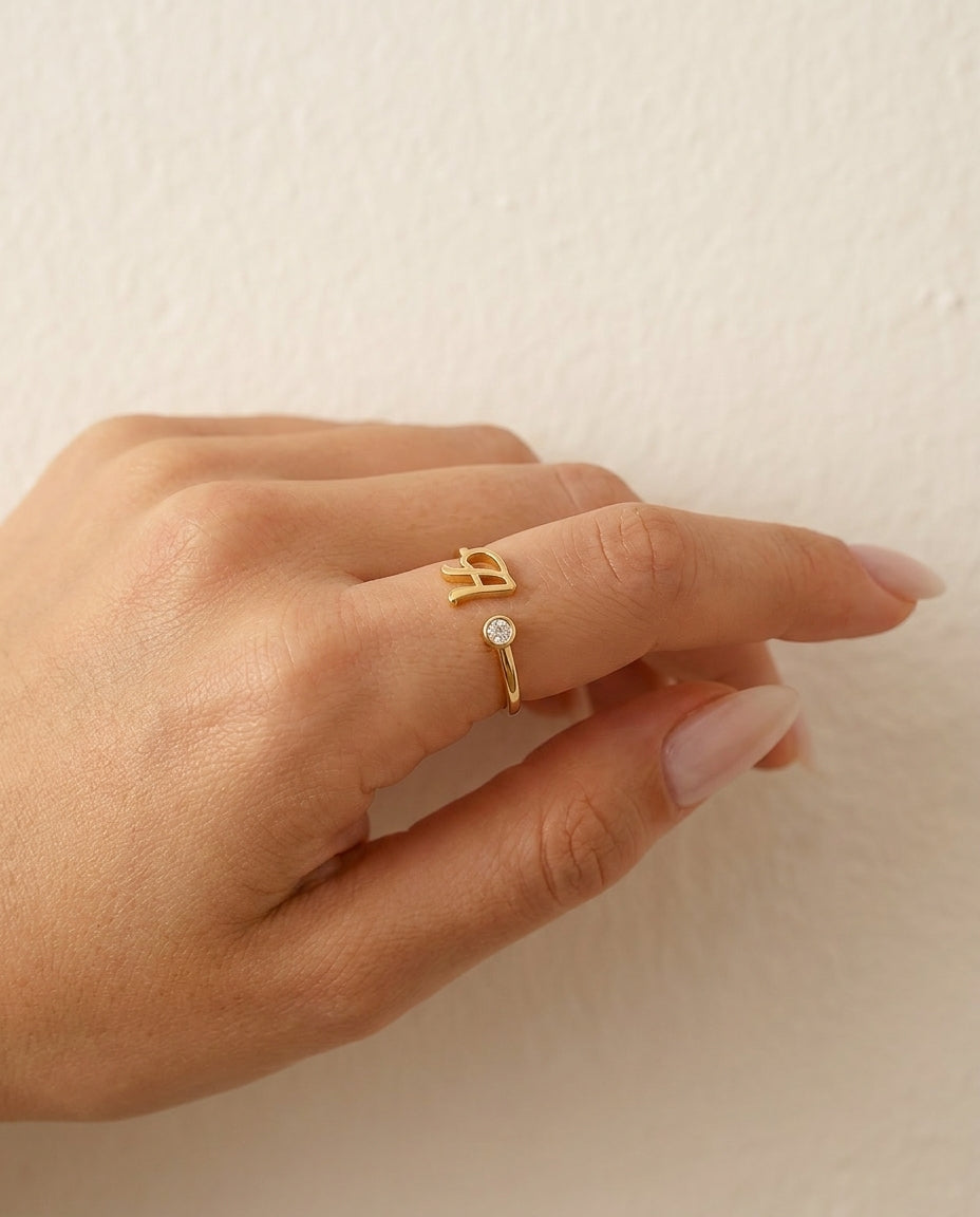Gold Initial Ring with Bezel Diamond - Personalized Letter Jewelry