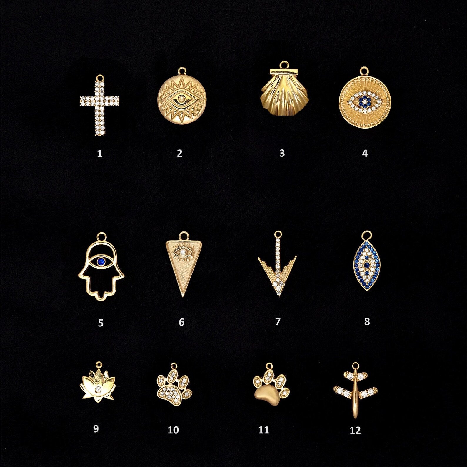 Gold Pendant Necklace with Turquoise Charm, Cross & Flower - 18k Gold Vermeil