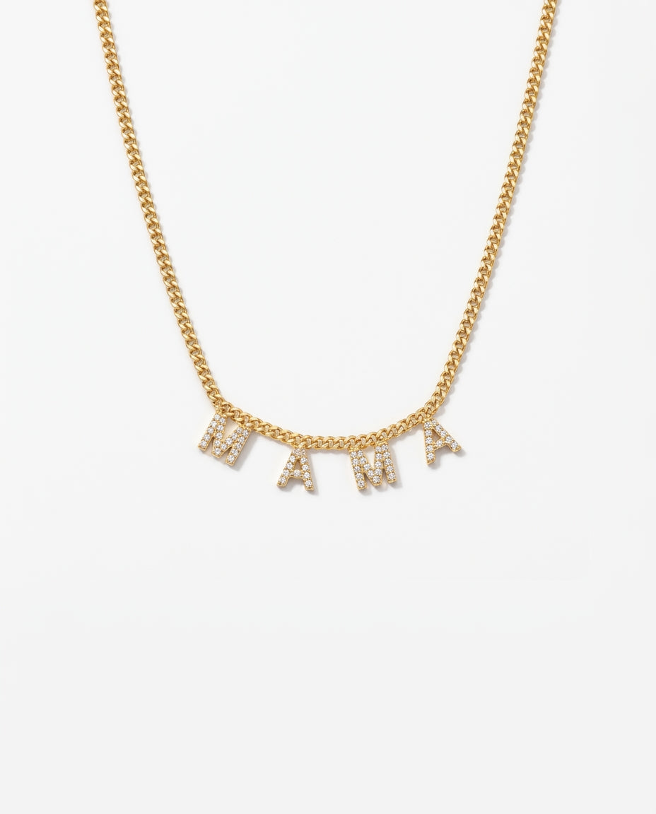 Pave Diamond MAMA Letter Necklace - Gold Curb Chain