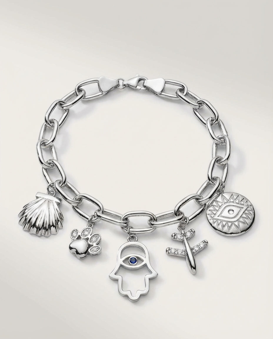 Gold Charm Bracelet with Evil Eye, Paw & Shell Bracelet - Charm Bracelet